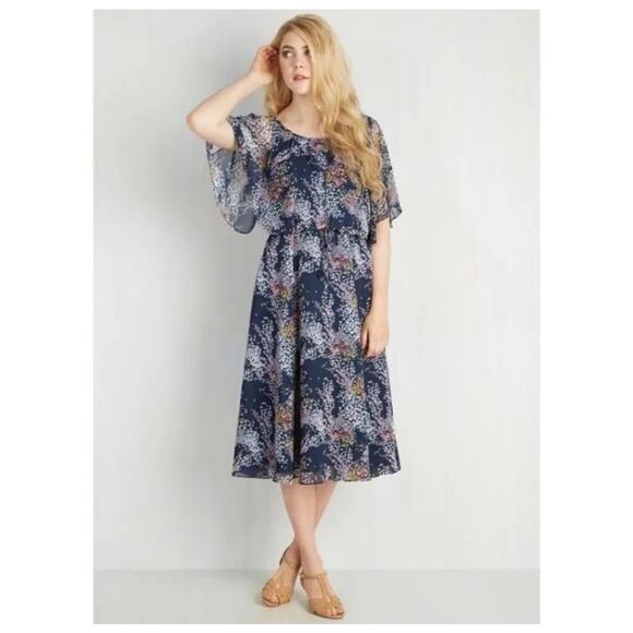 ModCloth Fiore Your Entertainment Flora Navy Blue Floral Cold Shoulder Dress Lg - Picture 14 of 16